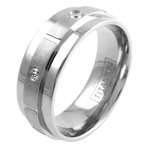 Dual finish titanium ring with 6 CZ accents around satin band | Wholesale Titanium Rings | Main photo