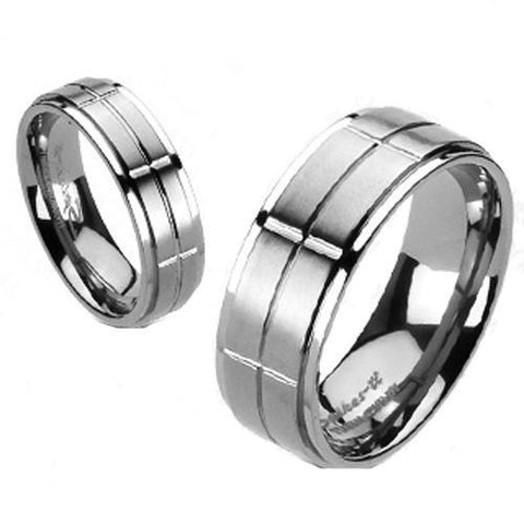 Dual finish titanium ring with cross grooved center band | Wholesale Titanium Rings | Wedding Bands