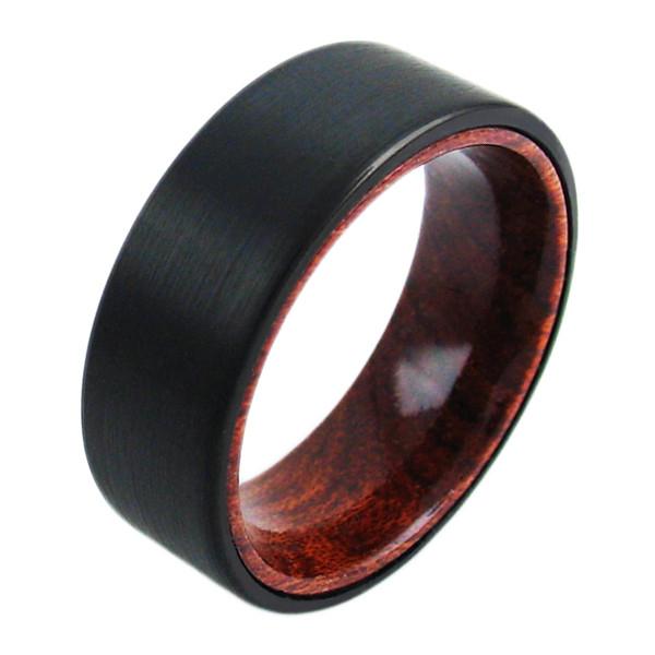 Flat black tungsten outer band with wood inner band | Wholesale Tungsten Rings - Wedding Bands | Angled photo