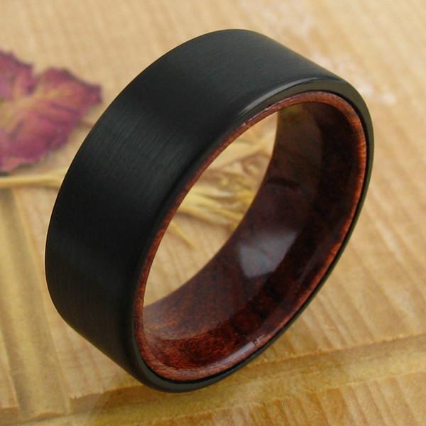 Flat black tungsten outer band with wood inner band | Wholesale Tungsten Rings - Wedding Bands | Matt photo