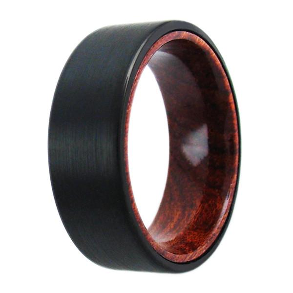 Flat black tungsten outer band with wood inner band | Wholesale Tungsten Rings - Wedding Bands | Small photo