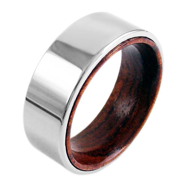 Flat ring with wood inner band & tungsten outer band | Wholesale Tungsten Rings - Wedding Bands | Angled photo