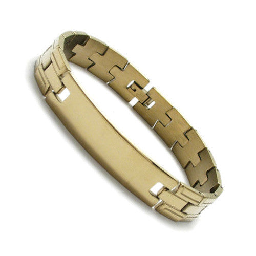 Edge grooved strap link bracelet with engravable plate | Wholesale 316L Stainless Steel Jewelry | Gold photo