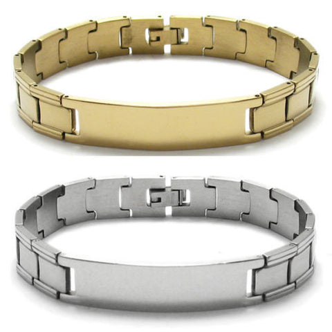 Wide center strap link bracelet with engravable plate | Wholesale 316L Stainless Steel Jewelry | Combo photo