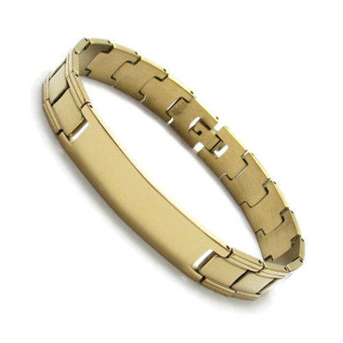 Wide center strap link bracelet with engravable plate | Wholesale 316L Stainless Steel Jewelry | Gold photo