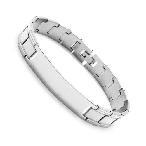 Wide center strap link bracelet with engravable plate | Wholesale 316L Stainless Steel Jewelry | Steel photo