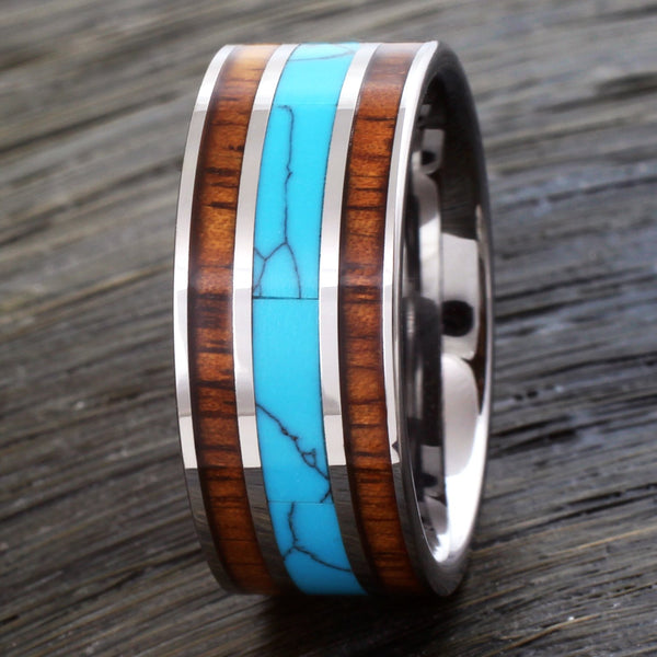 Silver 10mm tungsten ring w/ turquoise inlay between 2 Koa wood inlays | Wholesale tungsten rings - wedding bands | Wood photo