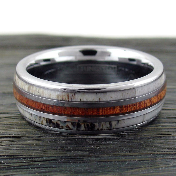 Silver Tungsten Dome Ring w/ Koa Wood Inlay Between 2 Deer Antler Inlays - Wholesale tungsten rings - wedding bands - flat photo