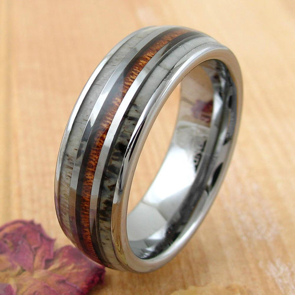 Silver Tungsten Dome Ring w/ Koa Wood Inlay Between 2 Deer Antler Inlays - Wholesale tungsten rings - wedding bands - slanted wood photo