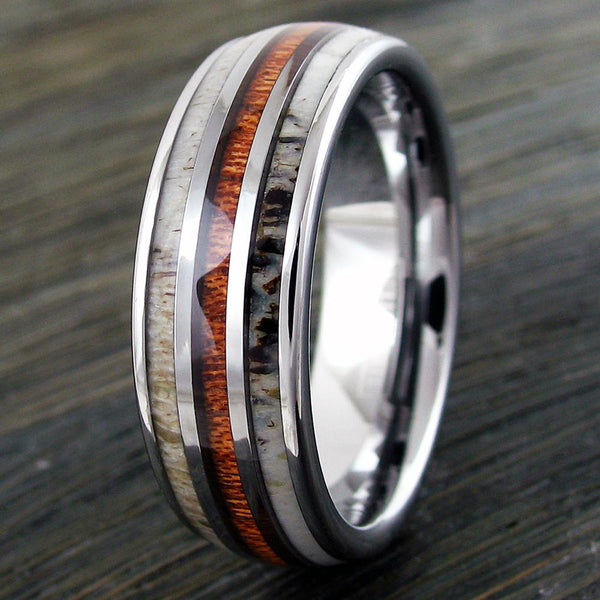 Silver Tungsten Dome Ring w/ Koa Wood Inlay Between 2 Deer Antler Inlays - Wholesale tungsten rings - wedding bands - upright wood photo
