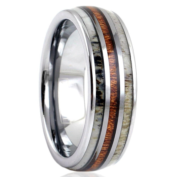 Silver Tungsten Dome Ring w/ Koa Wood Inlay Between 2 Deer Antler Inlays - Wholesale tungsten rings - wedding bands - upright photo