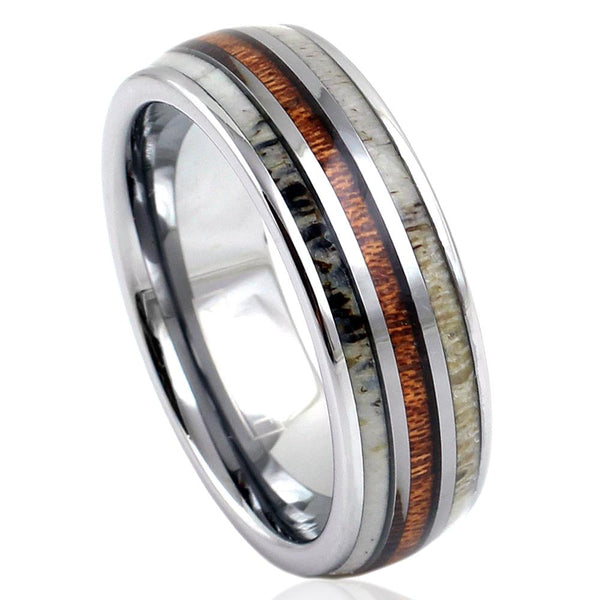 Silver Tungsten Dome Ring w/ Koa Wood Inlay Between 2 Deer Antler Inlays - Wholesale tungsten rings - wedding bands - slanted photo