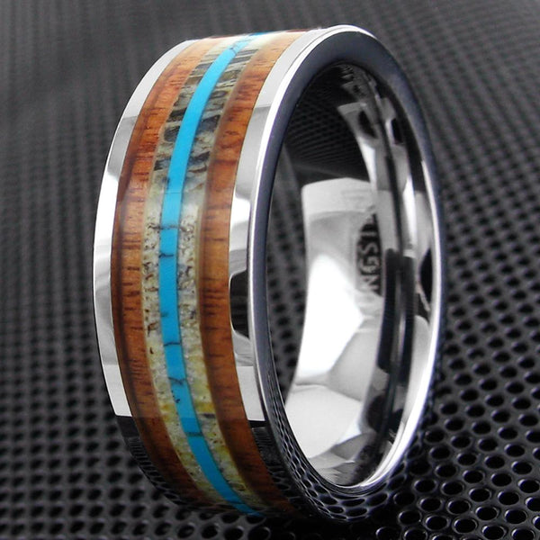 Silver tungsten ring w/ turquoise inlay between 2 Koa wood inlays | Wholesale tungsten rings - wedding bands | Black photo