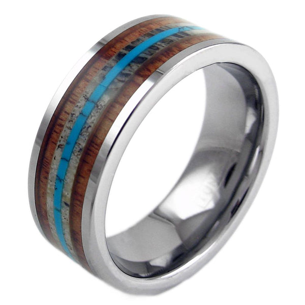 Silver tungsten ring w/ turquoise inlay between 2 Koa wood inlays | Wholesale tungsten rings - wedding bands | Diagonal photo