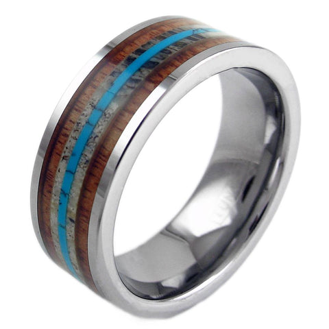 Silver tungsten ring w/ turquoise inlay between 2 Koa wood inlays | Wholesale tungsten rings - wedding bands | Diagonal photo