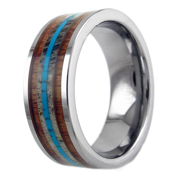 Silver tungsten ring w/ turquoise inlay between 2 Koa wood inlays | Wholesale tungsten rings - wedding bands | Upright photo