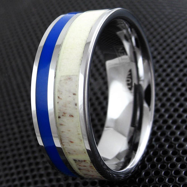 Flat band silver tungsten ring w/ deer antler & lapis inlays | Wholesale tungsten rings - wedding bands | Black photo