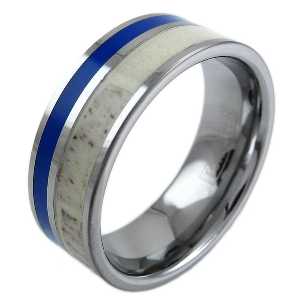 Flat band silver tungsten ring w/ deer antler & lapis inlays | Wholesale tungsten rings - wedding bands | Diagonal photo