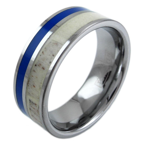 Flat band silver tungsten ring w/ deer antler & lapis inlays | Wholesale tungsten rings - wedding bands | Diagonal photo