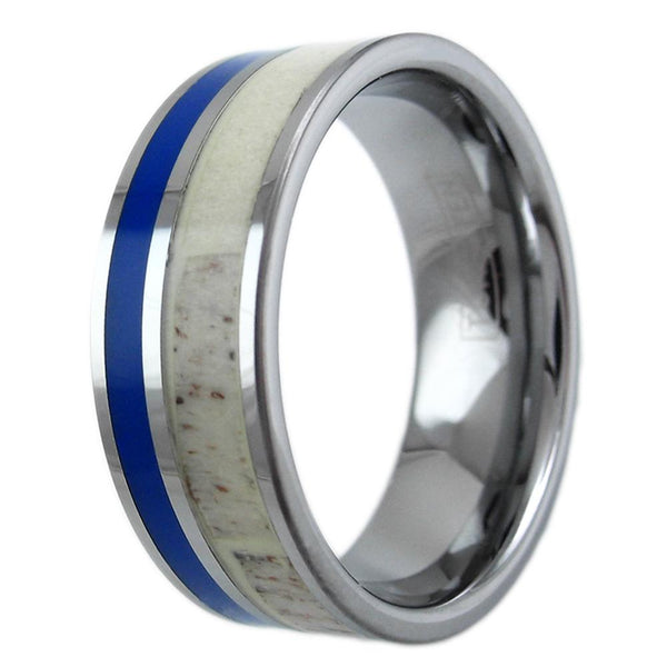 Flat band silver tungsten ring w/ deer antler & lapis inlays | Wholesale tungsten rings - wedding bands | Upright photo