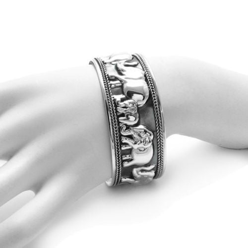 Gorgeous Elephant Family 7" Cuff Bangle Bracelet | Wholesale Sterling Silver Jewelry | Alternate