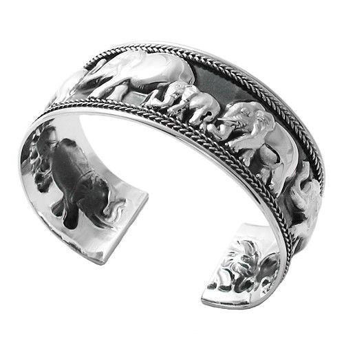 Gorgeous Elephant Family 7" Cuff Bangle Bracelet | Wholesale Sterling Silver Jewelry | Main