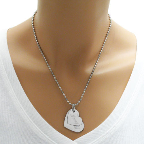 Engravable double heart pendant with ball chain | Wholesale 316L Stainless Steel Jewelry | Alternate photo