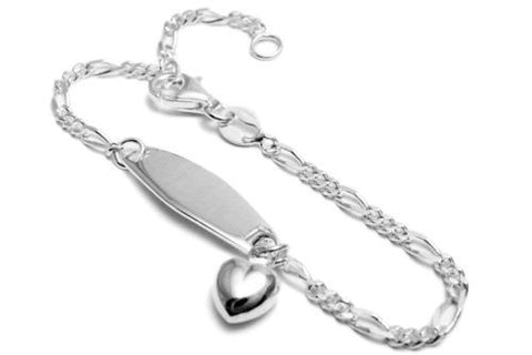 Beautiful Engravable Figaro Child's I.D. Bracelet with Dangling Heart | Wholesale 925 Sterling Silver Jewelry | Main