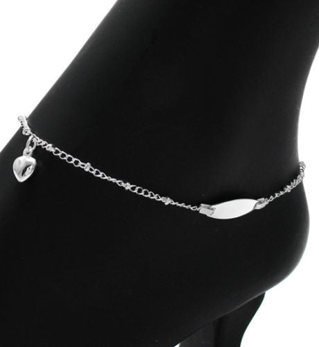 Exquisite Engravable Plate with Heart 9" Anklet | Wholesale Sterling Silver Jewelry | Main