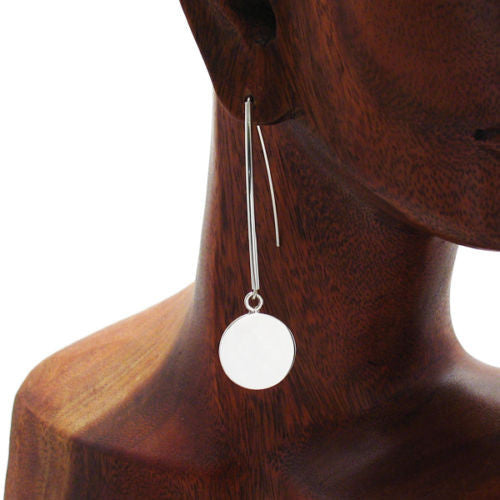 Modernist engravable round disk on long hanging hook earrings | Wholesale 925 Sterling Silver Jewelry | Alternate photo