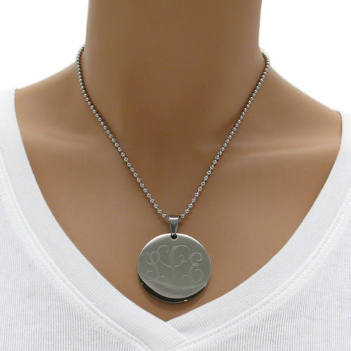 Engravable round disk pendant with ball chain | Wholesale 316L Stainless Steel Jewelry | Mannequin photo