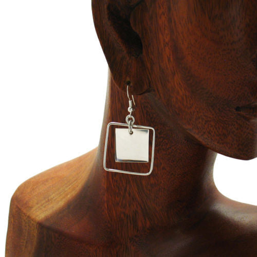 Engravable square in square outline frame hanging earrings | Wholesale 925 Sterling Silver Jewelry | Alternate photo
