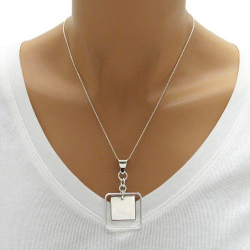 Modern engravable square in square outline frame pendant | Wholesale 925 Sterling Silver Jewelry | Alternate photo