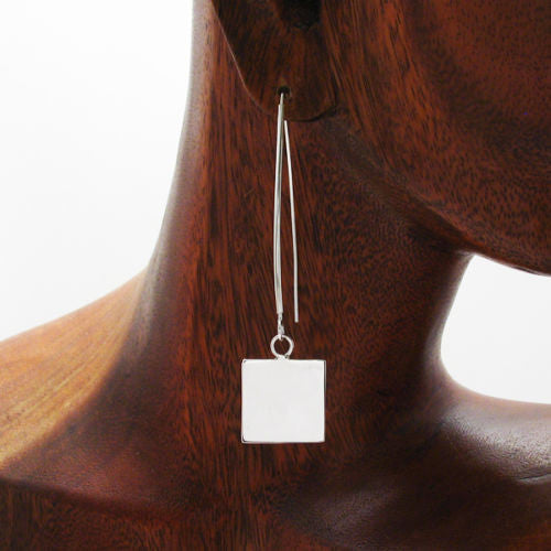 Minimalist engravable square on long hanging hook earrings | Wholesale 925 Sterling Silver Jewelry | Alternate photo