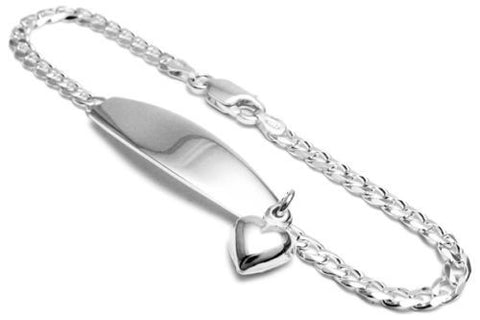 Classic Engraved Cuban Link I.D. Bracelet with Dangling Heart - 8 Inch | Wholesale 925 Sterling Silver Jewelry | Main
