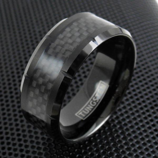 10mm Wide Notched Black Tungsten Ring w/ Black Carbon Fiber Inlay | Wholesale Tungsten Rings - Wedding Bands | Alternate Photo