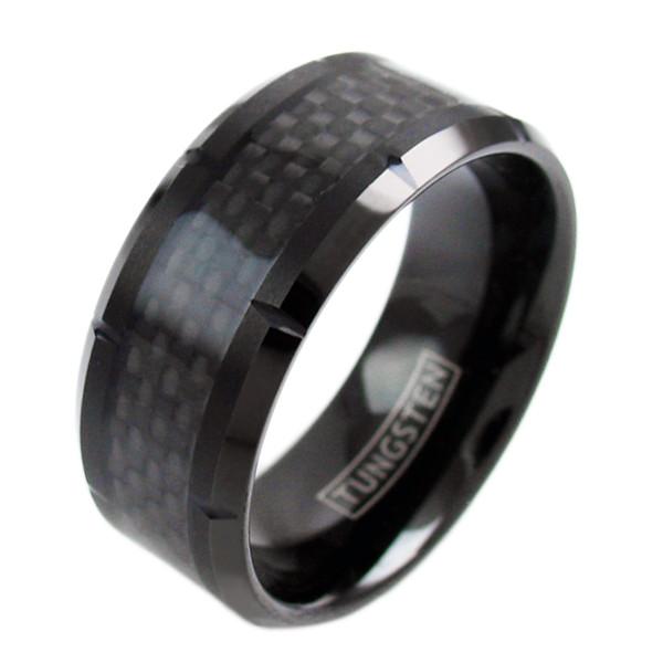 10mm Wide Notched Black Tungsten Ring w/ Black Carbon Fiber Inlay | Wholesale Tungsten Rings - Wedding Bands | Diagonal Photo