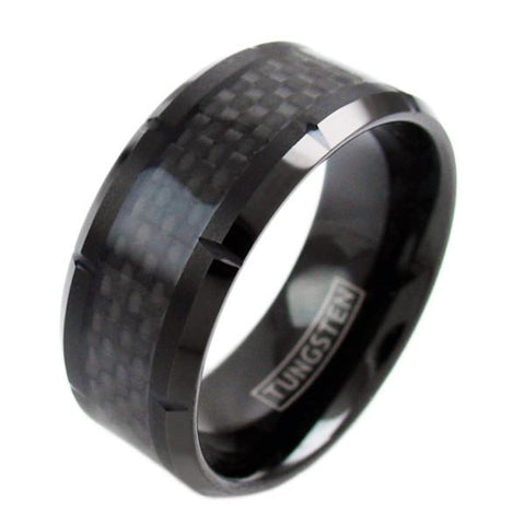 10mm Wide Notched Black Tungsten Ring w/ Black Carbon Fiber Inlay | Wholesale Tungsten Rings - Wedding Bands | Diagonal Photo
