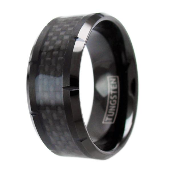 10mm Wide Notched Black Tungsten Ring w/ Black Carbon Fiber Inlay | Wholesale Tungsten Rings - Wedding Bands | Upright Photo