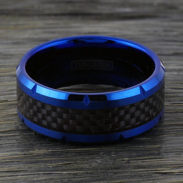 10mm Wide Notched Royal Blue Tungsten Ring w/ Black Carbon Fiber Inlay | Wholesale Tungsten Rings - Wedding Bands | Flat Photo