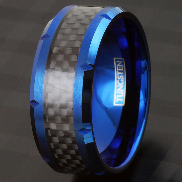 10mm Wide Notched Royal Blue Tungsten Ring w/ Black Carbon Fiber Inlay | Wholesale Tungsten Rings - Wedding Bands | Wood Photo