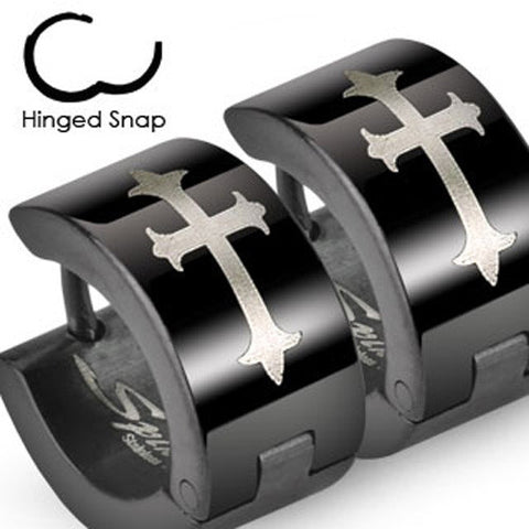 Wide 6mm hinged huggie earrings w/ cutout French cross on gold band | Wholesale 316L Stainless Steel Jewelry