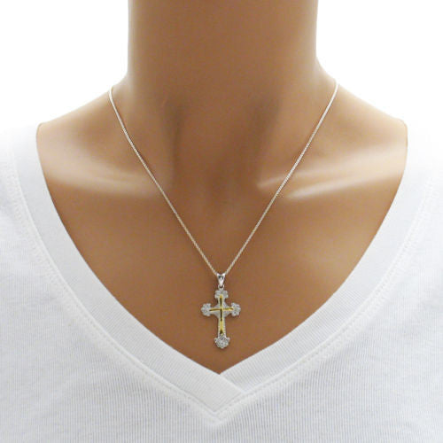 Fancy CZ Design with Gold Accented Cross Pendant | Wholesale 925 Sterling Silver Pendant - Jewelry | Alternate