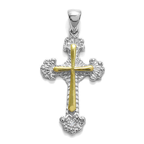 Fancy CZ Design with Gold Accented Cross Pendant | Wholesale 925 Sterling Silver Pendant - Jewelry | Main