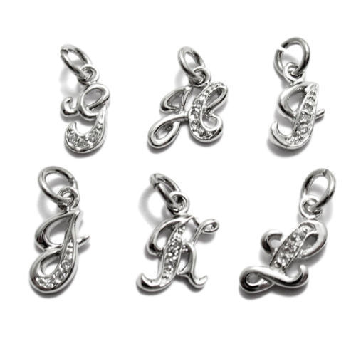 Sleek Fancy Script Initial Charm with Sparkly CZs | Wholesale 925 Sterling Silver Charms | Alternate