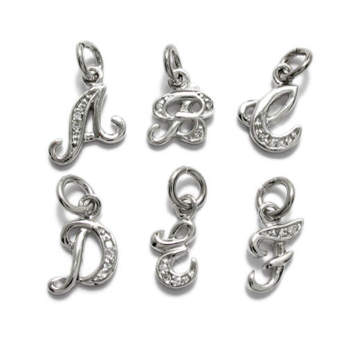 Sleek Fancy Script Initial Charm with Sparkly CZs | Wholesale 925 Sterling Silver Charms | Main