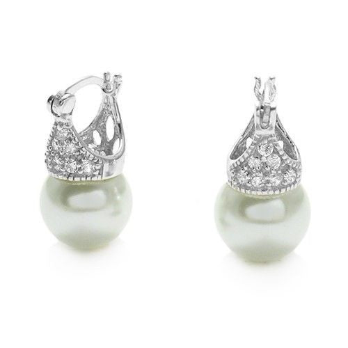 Faux pearl with CZ accents pendant and earrings set | Wholesale 925 Sterling Silver Jewelry | Earrings photo
