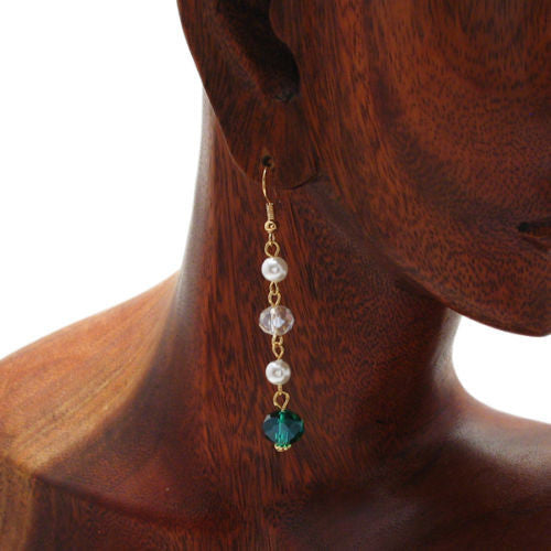 Faux pearls with green & clear crystals on long dangling hook earrings | Wholesale Fashion Jewelry | Alternate photo