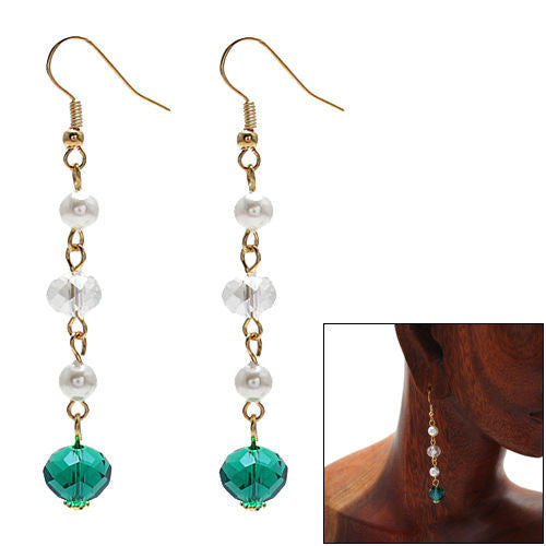 Faux pearls with green & clear crystals on long dangling hook earrings | Wholesale Fashion Jewelry | Combo photo
