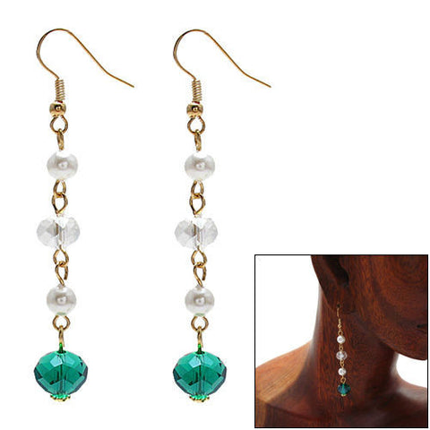 Faux pearls with green & clear crystals on long dangling hook earrings | Wholesale Fashion Jewelry | Combo photo